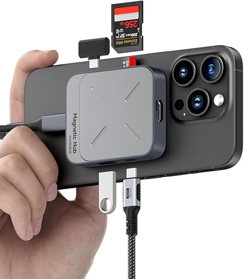 Hagibis 磁気USB Cハブ Magsafe付き iPhone 16 15 Pro Max用 7イン1 Type-C ドッキングステーション 4K@60Hz HDMI SD3.0 TF3.0 カード Solt 100W PD 10Gbps USB-C AUX MacBook Pro Air iPad Pro用
