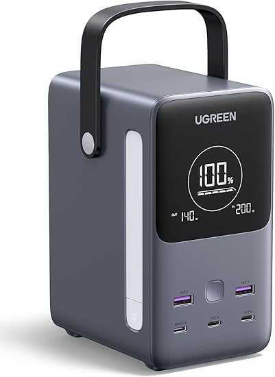 UGREEN Nexode モバイルバッテリー (48000mAh・300W) 5ポート 3 USB-C+2 USB-A 入出力PD3.1 140W急速充電対応 ハンドル付/大型デジタル表示/LEDライト/240W充電ケーブル付 縦置型コンパクト 独自NTC温調技術 PSE技術基準適合 MacBookPro14"/16"/PD対応WindowsPC/iPad/スマホなど PB770