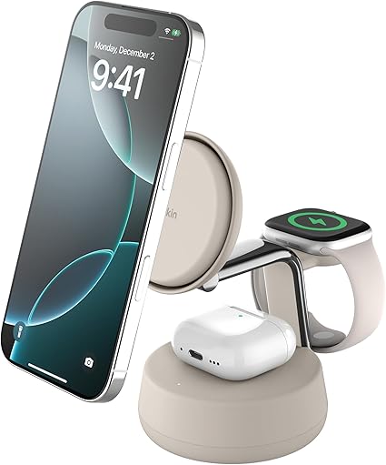 Belkin Qi2 25W Magnetic Charging Dock ワイヤレス充電器 3 in 1 世界初 25W充電スタンド Qi2公式認証/MagSafe対応 マグセーフ 急速速充電対応 iPhone 16~12 Apple Watch アップルウォッチ Google pixel 10 PRO XL対応 サンドホワイト WIZ040dqSD