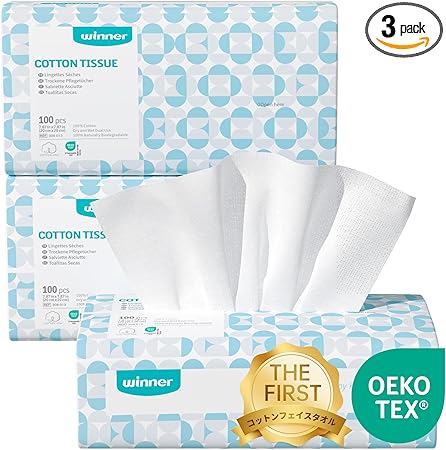 Winner フェイスタオル クレンジングタオル OEKO-TEX®認証 300枚入り(100枚×3個セット) 天然コットン ふきとり用 フェイスペーパー 毛羽立ちなし 使い捨て 手拭き 顔拭き メイク落とし 敏感肌用 乾湿両用 20x20cm