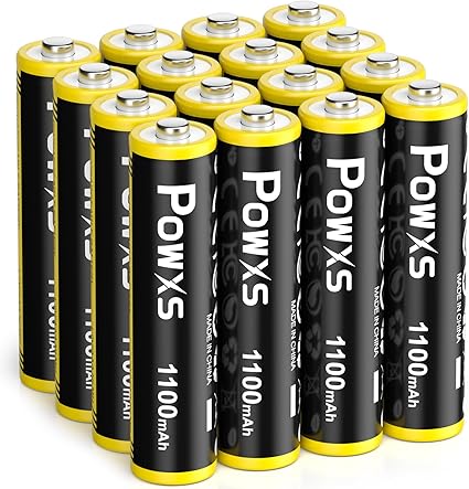 POWXS 単4電池 充電式 ニッケル水素 単四電池 高容量1100mAh 約1300回使用可能 16本入り 単四充電池 低自己放電 液漏れ防止 充電池 単4 単4形充電池(アップグレード 黒+黄)