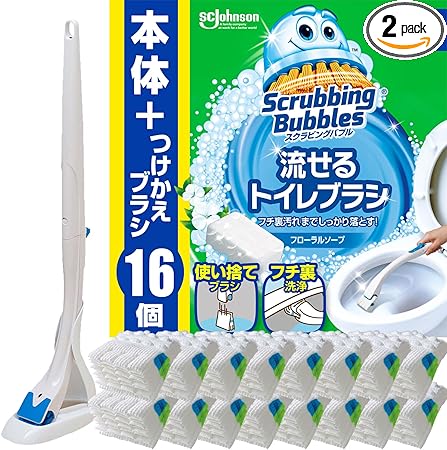 スクラビングバブル (Scrubbing Bubbles) 流せるトイレブラシ フローラルソープの香り 本体+付け替え16個 (本体付属4個+付替品12個) 黒ズミ ブラシ 使い捨て 洗剤 まとめ買い 【Amazon.co.jp 限定】