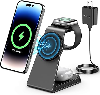 【2025年進級プロ版 Qi認証済み】TEPNICAL 3in1 ワイヤレス充電器 急速充電 Magsafe充電器 スタンド 20W出力 置くだけ マグネット式充電 iPhone 16/15/14/13/12 seris/Galaxy S20/S10/S10+/S9/Airpods 2/3/pro/Apple Watchに対応 日本語説明書付き 20WQC3.0アダプタ付属 ブラック