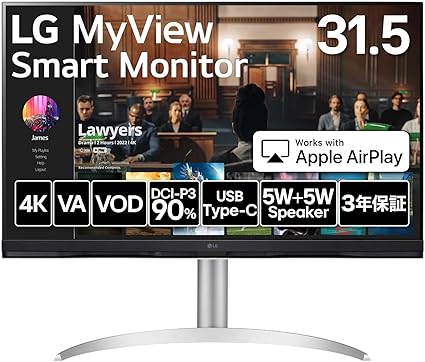 LG スマートモニター / 32SQ730S-W 31.5インチ/作業効率アップ、ビジネス、映画、VOD視聴/ 4K / webOS22搭載 / VA/アンチグレア/AirPlay 2 /チルト、高さ調整対応/USB Type-C、eARC対応HDMI / 3年安心・無輝点保証