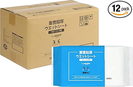 (Amazon Brand) SOLIMO x Gekochi-kun, Baking Soda, Super Thick, Wet Sheet, For Flooring & Cleaning Use, 20 Sheets x 12 Pieces, White