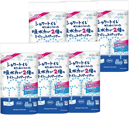 エリエール シャワートイレのためにつくった吸水力が2倍のトイレットペーパー 25m(112シート)×72ロール(12ロール×6パック)ダブル パルプ100% 【ケース販売】