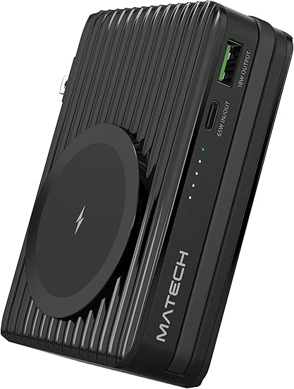 MATECH PowerGo 15000 (15000mAh,モバイルバッテリー 65W出力USB&ワイヤレス充電器 3in1)【GaNUltra採用/Qi2 ワイヤレス充電 最大出力15W/USB-Cケーブル内蔵/PSE技術基準適合/USB-C入力対応/65W出力】iPhone MacBook Android その他機器対応 (ブラック)