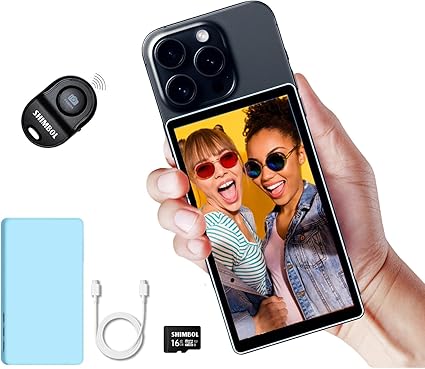 Shimbol CP5 5インチ タッチスクリーン リアカメラ セルフィーモニター 合金シェル 1080P iPhone ミニモニター iPhone Android フォン Vlogging用 マグネット式ブルーシリコンケース、Bluetooth リモコン付き