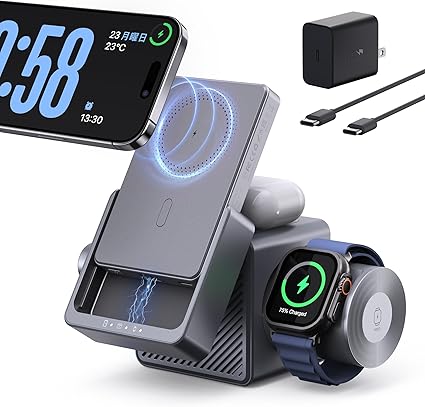 【自信作 究極の45W】RORRY ワイヤレス充電器 4in1 mag-safe対応 5000mah モバイルバッテリー 軽量 薄型 アップルウォッチ対応 5W 急速充電 iphone 15W 4台同時 USB-C電源アダプター付属 for iPhone/apple watch/airpods 父の日 ギフト