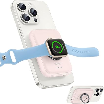 RORRY モバイルバッテリー magsafe対応 apple watch モバイルバッテリー【超小型・マカロン色・リング&スタンド付】5000mAh 3in1ワイヤレス充電器 軽量 小型 iPhone&iWatch同時充電 可愛い マグセーフ充電器 パススルー 持ち運び便利 iPhone16/15/14/13/12/iWatch Ultral2/S10/9/8などに対応 津波/台風/防災グッズ