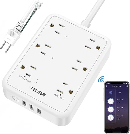 スマートプラグ TESSAN スマート電源タップ 3つスマートコンセント 3つ通常AC口 3つUSBポート 節電タップ タイマー付き コンセント 延長コード 2m WiFi 遠隔操作 音声コントロール Alexa Google Home 対応 ホワイト