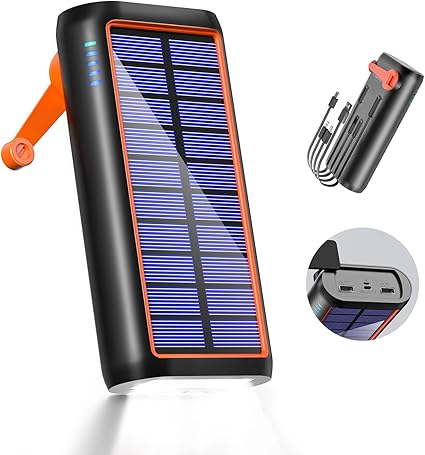 ソーラーチャージャー 【 新登場 & 防災士監修 & 手回し充電】 61200mAh大容量 モバイルバッテリー ソーラー 3A急速充電 4本ケーブル内蔵 IPX7防水 携帯 スマホ充電器5WAY蓄電 6台同時充電 高輝度LEDライト付き 太陽光で充電でき 耐衝撃 緊急停電対策 SOSモード 地震/災害/旅行/アウトドア iPhone/iPad/Android各種デバイス対応