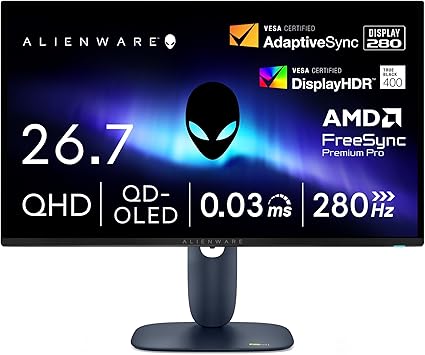 Dell AW2725D 26.7インチ 有機EL Alienware ゲーミングモニター(無輝点3年保証/QHD/QD-OLED,抗反射/DP 1.4×1,HDMI×2/DCI-P3 99.3%/縦横回転,高さ調整/0.03ms,280Hz/G-SYNC Compatible,AMD FreeSync Premium Pro,DisplayHDR True Black 400)
