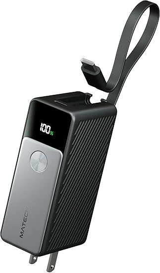 MATECH(マテック)® モバイルバッテリー コンセント一体型(45W出力, 5000mAh)【GaNUltra採用/LEDディスプレイ搭載/USB-Cケーブル一体型/コンセント一体型/折りたたみ式プラグ】iPhone MacBook Android その他機器対応 (PowerFusion 5000 45W ブラック)