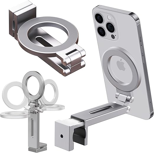 RELAX E01 クリップ型 MagSafe対応 スマホスタンド 折りたたみ式 デスクマウント スマホ ホルダー 360°回転 角度 自由調整 メタルプレート付き (シルバー)