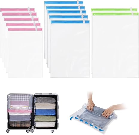 Hoxhyon 圧縮袋 旅行 衣類圧縮袋 極厚 12枚入 約80%圧縮 旅行 便利グッズ 真空あっしゅく袋 洋服 ダウン アウター 毛布 薄手の布団 掃除機不要 手巻き 防カビ 防虫 衣替え 収納 トラベル 出張 引っ越し 家庭用 再利用可能 50*70cm(2枚)+40*60cm(5枚)+35*50cm(5枚)