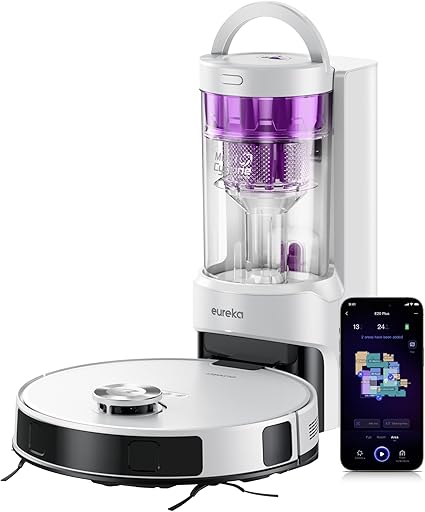 EUREKA(ユーリカ) E20PLUS ロボット掃除機 8000Pa 強力吸引力 サイクロン式 紙バッグ交換不要 水拭き両用 モップリフト 新型AI障害物回避 自動ゴミ収集 高精度マッピング アプリ操作 落下防止 Alexa Siri対応 清掃予約 静音 ホワイト