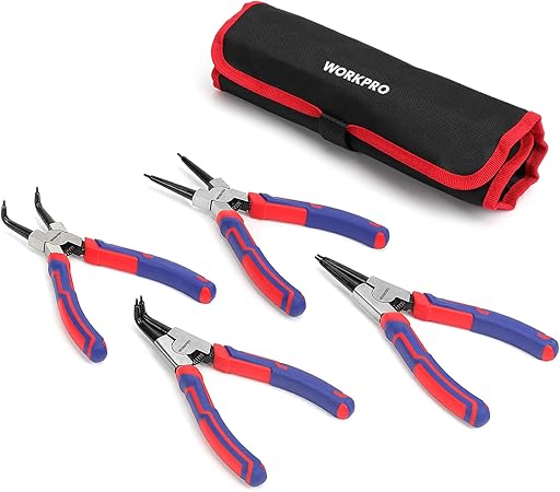 WORKPRO スナップリングプライヤー 4本組 穴用 軸用 直爪 曲爪 Cr-V材質 錆びにくい C型リングの着脱 バネ付き 工具 作業 修理 全長180mm 収納袋付き