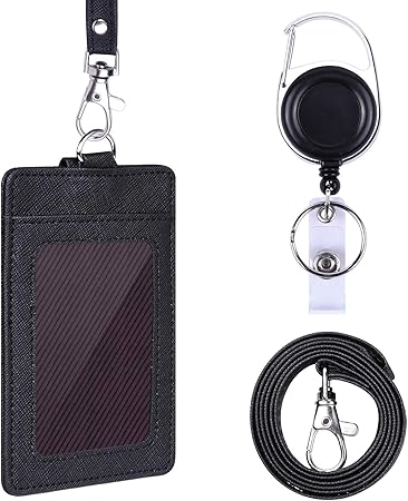 Wisdompro IDカードホルダー 縦 PU革 両面ポケット リール·ネックストラップ付き 社員証・名札・定期入れ・パスケース ブラック