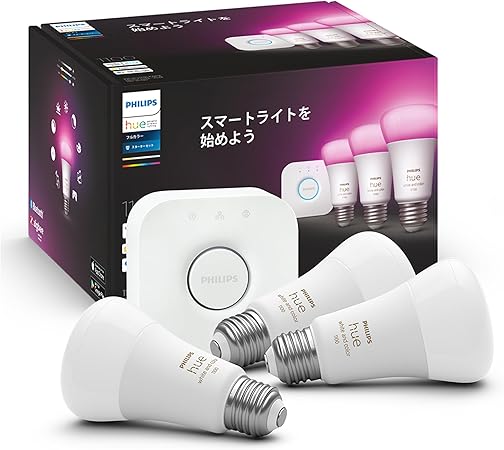フィリップスヒュー(Philips Hue) スターターセット【スマート電球 E26 75W相当 フルカラー 3個 + ブリッジ】 - スマート照明 Alexa対応 1100lm マルチカラー 1600万色 電球色 昼白色 調光 調色 スマートホーム 間接照明 LED スマートライト 音声操作 アプリ操作 Matter対応 【エンタメ連携対象】 ゲーミングライト