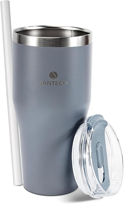 SANTECO タンブラー ESCAPE 590ML 蓋付き ストロー付き 大容量 保冷 保温 おしゃれ 18/8ステンレススチール 真空断熱 BPAフリー 軽量 広口設計 グレー