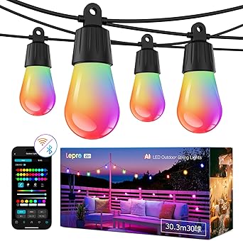 Lepro AI ストリングライト ZB1 イルミネーション led 30球 30.3m 屋外 電球色 RGB 虹色 ガーデン 音楽 スマート コンセント 調光調色 イルミネーションライト 電飾 IP65防水 屋内 飾り付け クリスマス 結婚式 庭 キャンプ 電球 パーティー 装飾 DIY Alexa&Google Home対応/WIFI&BlueTooth接続 Leproアプリ登録要