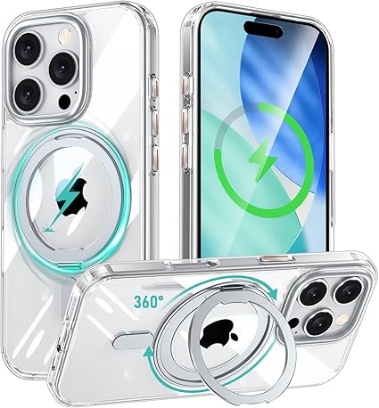 iPhone 16 Pro 用 ケース Magsafe対応 360°回転スタンド アイフォン16プロ カバー Uovon スマホケース アイホン16pro 携帯ケース ワイヤレス充電 車載ホルダー対応 透明 ストラップ穴 指紋防止 黄变防止 ・ クリア