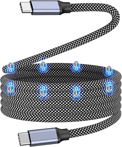 Magtame タイプcケーブル 磁石自動収納 240W/5A急速充電 type-cケーブル QC4.0/PD3.1対応 usbc-usbcケーブル 金属製コネクタ 二重ナイロン iPhone15/MacBook/iPad/Samsung/Xperia Galaxy/Xperia等対応(ブラック-1M)