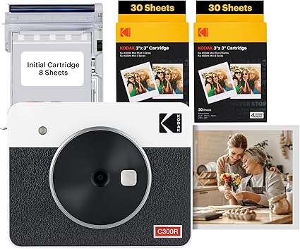 コダック KODAK Mini Shot 3 レトロ 4PASS 2-in-1インスタントカメラ&フォトプリンター(7.6cmx7.6cm)+カメラ本体8枚入り+60枚バンドル、ホワイト
