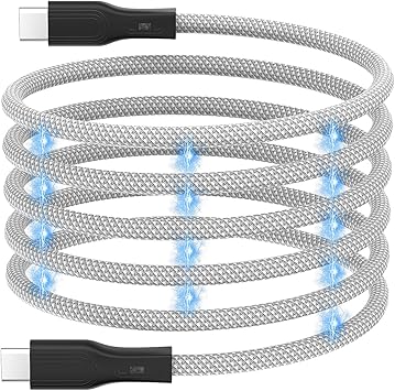 Magtame USB Cケーブル 磁気付き 磁石自動収納 可ナイロン製 USB Type-C-USB Type-C 充電ケーブル 60W(3A) USB-C 高速充電ケーブル USB C -USB Cケーブル i_Pad Mac_Book Sam_sung Ga_laxy用(1M-シルバー)