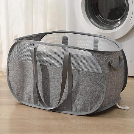 洗濯カゴ オシャレ 折りたたみ ランドリーバスケット おしゃれ メッシュ 自立 ランドリーバッグ ランドリーボックス 折りたためる バスケット コンパクト 軽量 横型 洗濯かご 洗濯籠 洗濯物入れ 脱衣カゴ 持ち手付き 省スペース 旅行 洗濯 防水防湿 グレー
