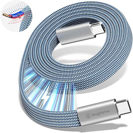 Magtame タイプcケーブル フラット平形 磁石自動収納 240W/5A急速充電 type-cケーブル QC4.0/PD3.1対応 usbc-usbcケーブル 金属製コネクタ 二重ナイロン iPhone15/MacBook/iPad/Samsung/Xperia Galaxy/Xperia等対応(ブルー1.5M)