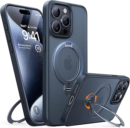 TORRAS iPhone 15 Pro 用 ケース【超剛性|360° ゼンマイ式スタンド × 10 万回開閉耐久】 米軍規格 縦横両対応 リング付き マグネット搭載 ワイヤレス充電対応 耐衝撃 防指紋 半透明 Ostand Spin ブラック