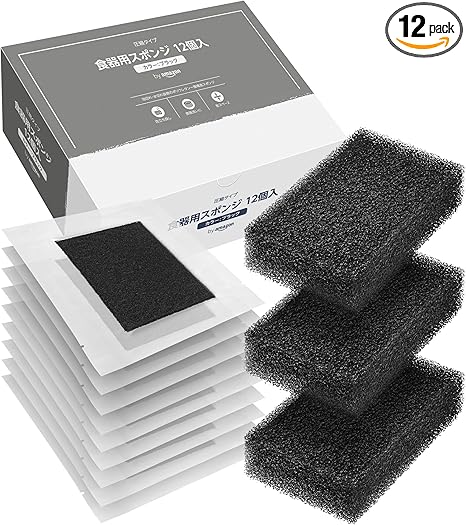 by Amazon Compressed Type Dish Sponge, Size Before Compression, Approx. 4.7 x 2.8 x 1.2 inches (120 x 70 x 30 mm), Black, Pack of 12, Bubbles, Single Layer Structure