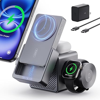【自信作 究極の充電器 45W】RORRY ワイヤレス充電器 4in1 magsafe対応 モバイルバッテリー 10000mah 大容量 薄型 アップルウォッチ充電器 15W ワイヤレス充電 マグセーフ充電器 急速充電 45W USB-C電源アダプター付属 4台同時充電ステーション for iPhone/apple watch/airpods